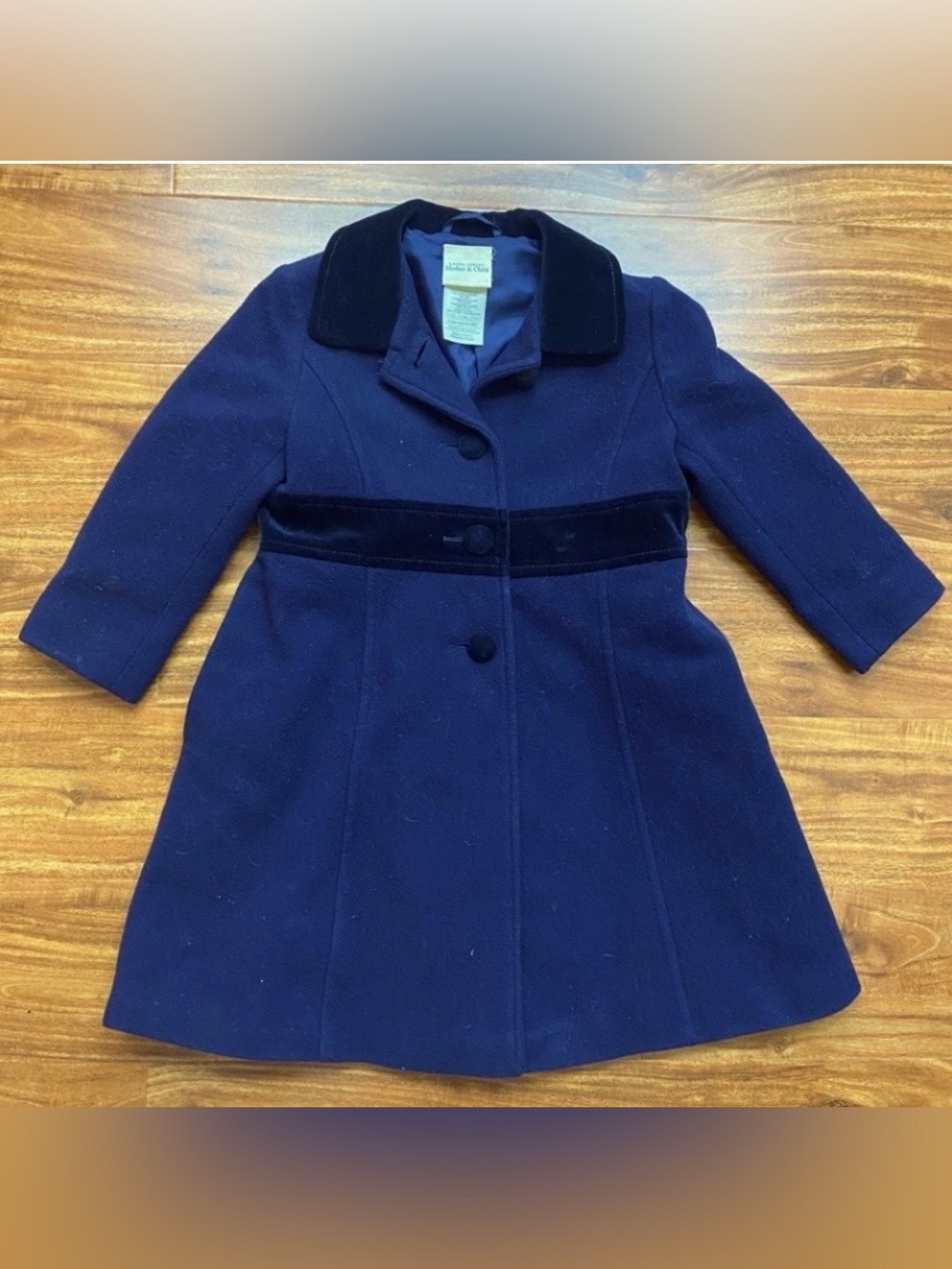 Laura Ashley Girls Navy Blue Velvet Bow Wool Mix Coat Size 2-3Y Classic Preppy